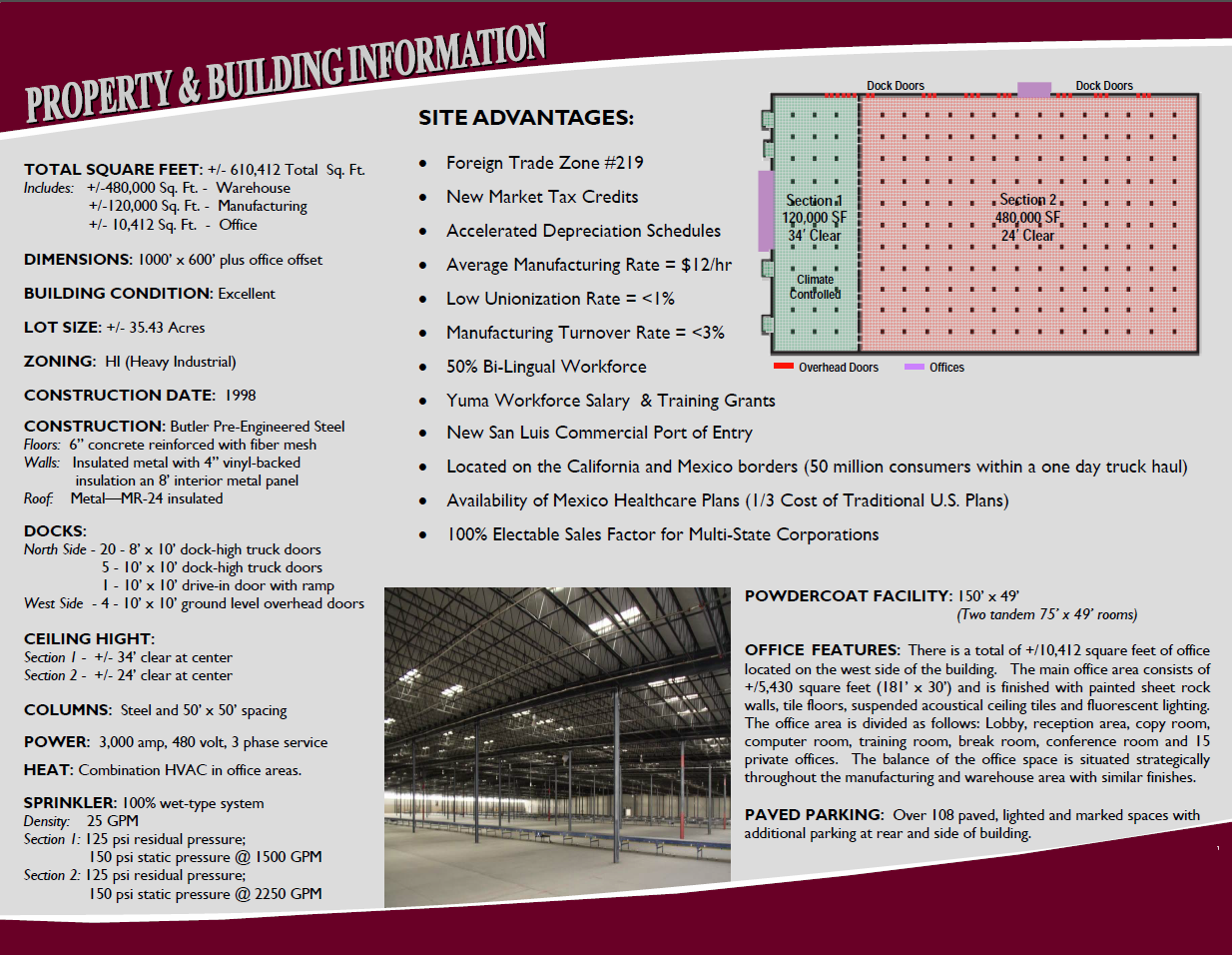 property and building info for warehouse or industrial site